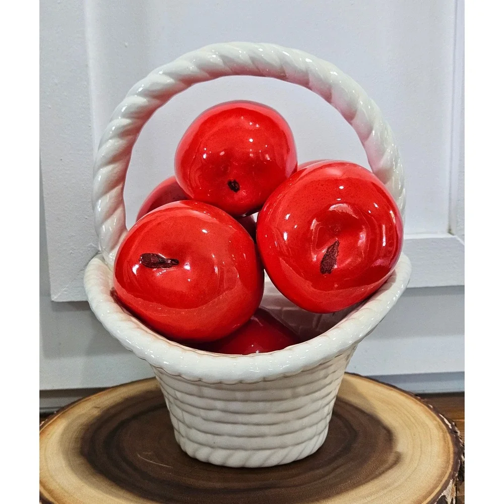 VTG Farmhouse Ceramic Red Apple Cottagecore Basket Decor White Basket